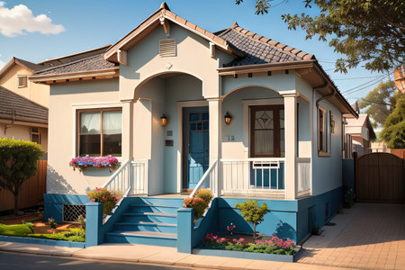 blue house with a brown door and windowsの素材
