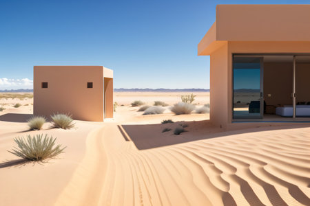 Minimalist desert retreat blending into the sandy dunescapeの素材