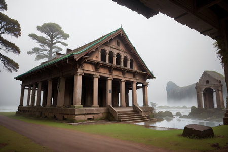 Ancient ruined architecture on spooky a mysterious adventure awaitsの素材