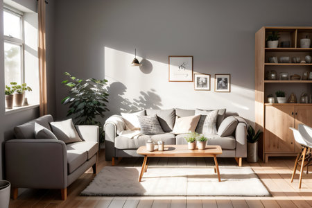 of a cozy living room with a wall and a gray armchair beside a woodenの素材