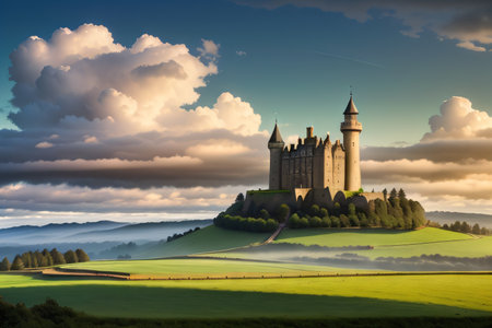 Towering beanstalk stretching into the leading to a castleの素材