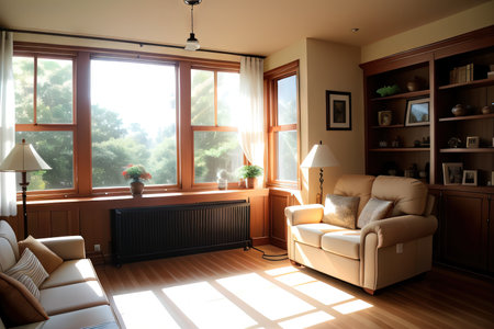 A cozy reading nook by the with a plush warm and a bookshelf filled with literaryの素材