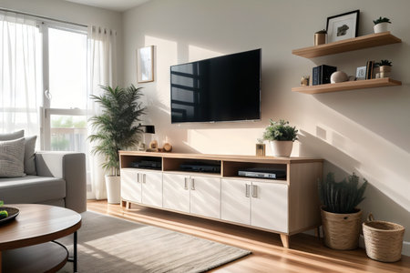 A TV with a wooden plate above the cabinet hangs on a gray wall in a contemporary living room with an andの素材
