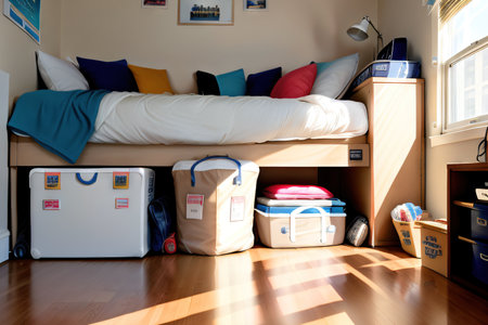 A college freshman unpacking things and moving into university dorm roomの素材