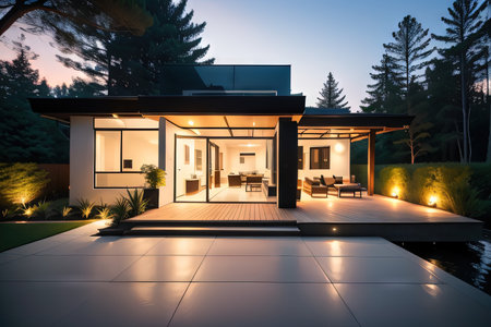 Modern luxury villa exterior in minimal style for luxury Glass cottage in the woods at Modern cabin house in deep digital aiの素材