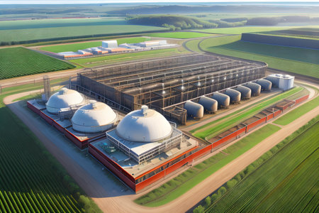 Modern biogas plant between several fields in rural with sunset Bioenergy plant utilizing organicの素材