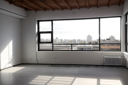 Interior of loft style room in luxury Empty concrete wooden wooden panoramic window with garden Contemporary homeの素材