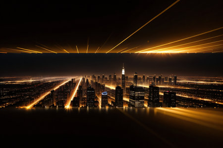 Golden business cityscape night background skyscrapers lights with reflectionの素材