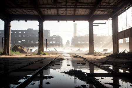 Industrial interior of abandoned car construction closed and obsolete plant with broken mashinesの素材