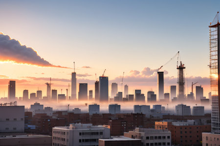 A construction site with towering workers in and a skyline symbolizing progress and urbanの素材