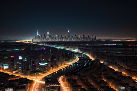 City skyline at night with a vibrant array of colorful lightsの素材