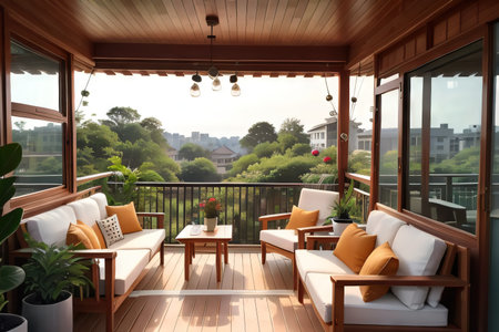 A contemporary balcony with a statement hanging chairの素材