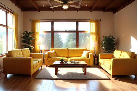 a photo of a living room with yellow couches and wooden floorの素材