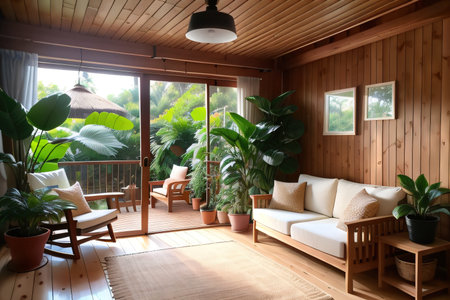 Cozy with room with rattan jute rugs on the floor and giant Monstera Deliciosa Natural sustainable materials in interior designの素材