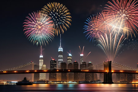 New York City Skyline with Flashing Fireworks A night long exposure of New Years Eveの素材