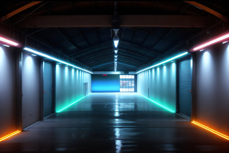 Neon Glowing Wings Shaped Lights Underground Sci Fi Futuristic Alien Spaceship Concrete Metal Realistic Tunnel Corridor Hallway Showroom Warehouse Studio Hangar Garageの素材