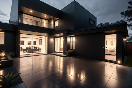 Luxury modern residence building villa house with a futuristic dark mood for Real estateの素材