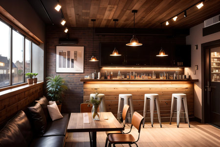 Modern cafe with bar and chairs with concrete walls and light fromの素材