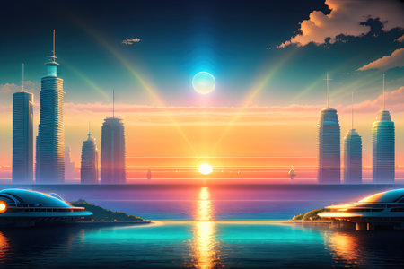 city retro view sci fi background with ocean reflection in futuristic landscape digital landscape cyber partyの素材