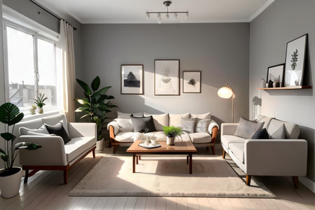 Scandinavian style living room interior at night with strings ofの素材