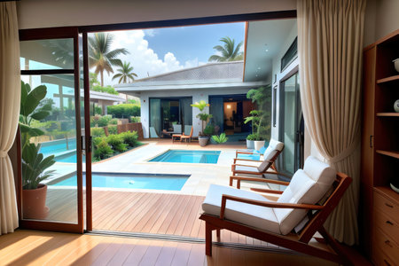 modern living Villa in Villa in Villa in palm tree view from the windowの素材