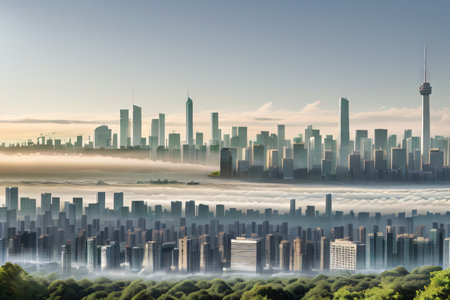 Of City Skyline Transforming Into Green Showcasing The Transition Towards Sustainable Urban Developmentの素材