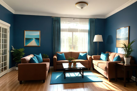 a room with a blue couch and brownの素材