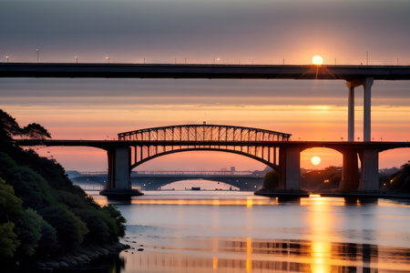 As dawn a grand highway bridge spans gracefully across a calm reflecting the early morning huesの素材