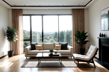 A tranquil and sophisticated modern living room with light a French window with a countryside and natural woodの素材