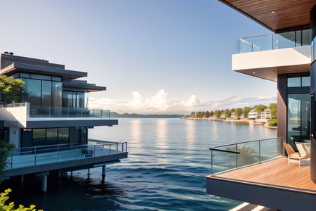 A contemporary waterfront house with large windows showcasing a futuristic design created with technologyの素材