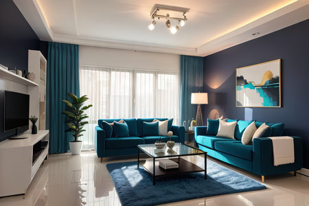 A living room with a painting of a minimalistic abstract design with swirling shades of blue andの素材