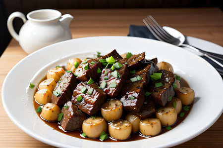 grilled beef tips with whole garlic bulbs on topの素材
