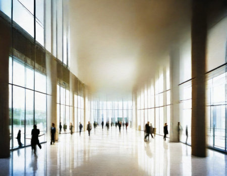 Interior of a modern office building with people walking in motion blurの素材