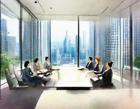 Business meeting in modern office with skyscrapers and city view. Digital paintingの素材