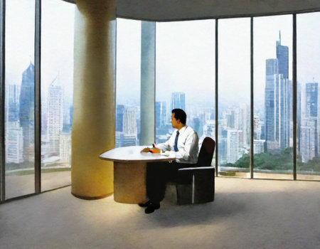 Businessman in a modern office with a panoramic city viewの素材