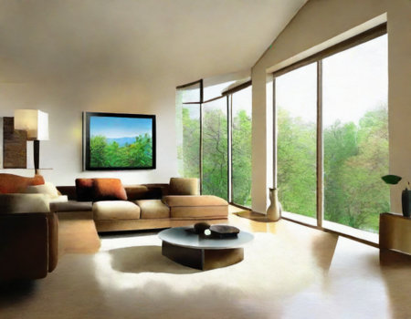 Interior of a modern living room with a large window overlooking the lakeの素材