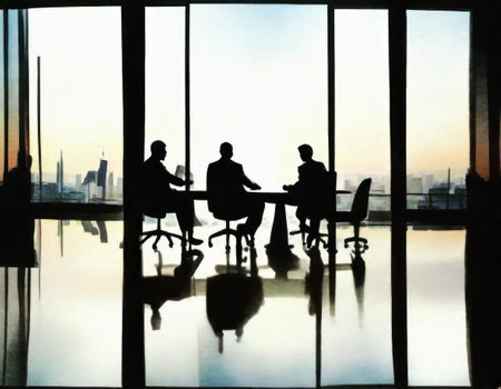 Silhouette of business people in meeting room with cityscape backgroundの素材