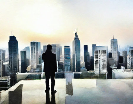 Businessman looking at the skyscrapers of the city. Business conceptの素材