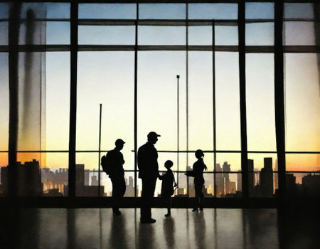 Silhouette of a family at the airport in Hong Kong.の素材
