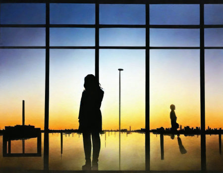 Silhouette of a woman standing in the airport and looking through the windowの素材