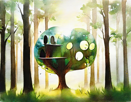 Watercolor illustration of a tree in the forest with a happy family.の素材