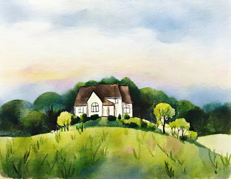 Watercolor illustration of a country house on a green meadow.の素材
