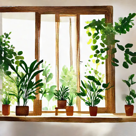 Wooden window with green plants in pots on a wooden shelf.の素材