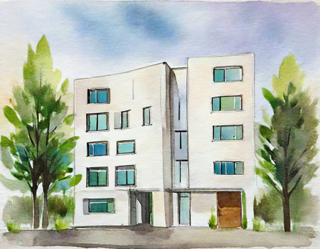 Watercolor illustration of a modern apartment building with trees on the backgroundの素材