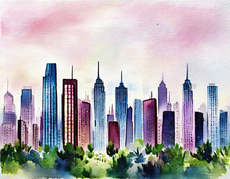watercolor drawing of the skyline of the city of Chicago, USAの素材