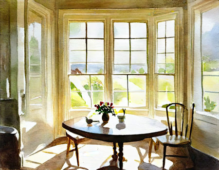 Watercolor painting of a dining room with a window overlooking the countrysideの素材