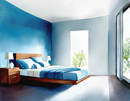 Interior of a modern bedroom with blue walls, 3d renderの素材