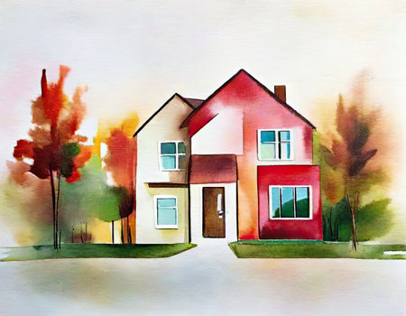 Watercolor illustration of a house on the background of the autumn landscapeの素材