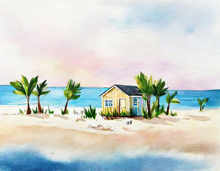 Watercolor illustration of a small house on the beach. Hand painted pictureの素材