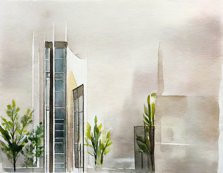 Watercolor illustration of a modern office building. Skyscraper.の素材